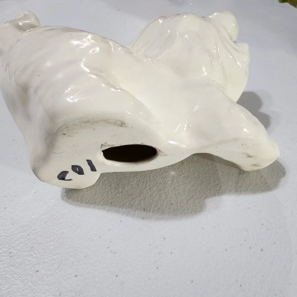 Vintage White Ceramic Kitten Figurine Playful Pouncing Cat Blue Eyes